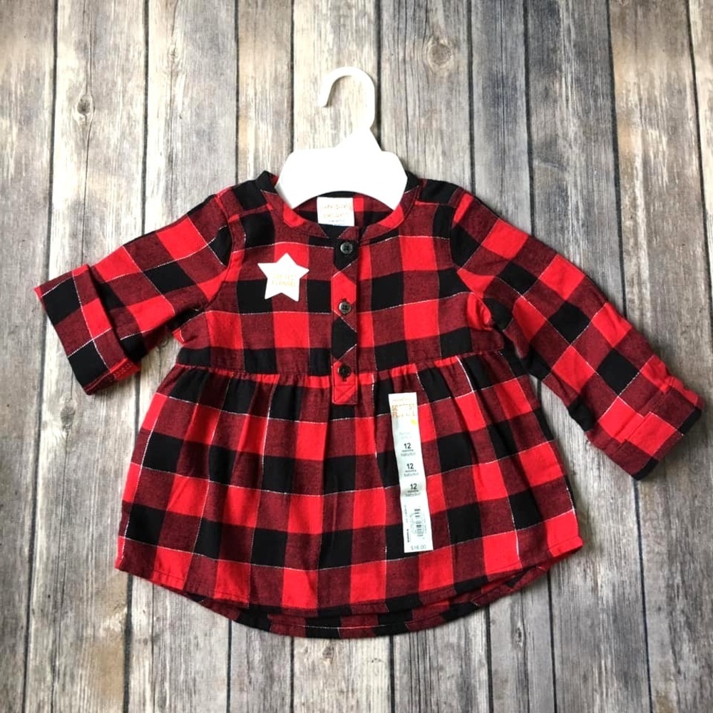 New Buffalo Plaid Flannel Babydoll Top Girls 12M Red Black Grunge Xmas Holiday